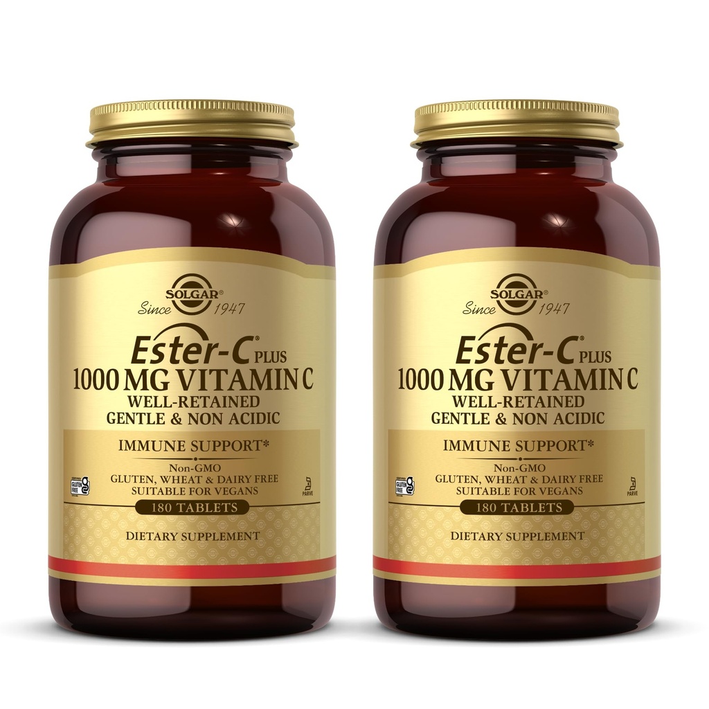 Solgar Ester-C Plus 1000 mg Vitamin C (Ascorbate Complex) - 180 Tablets, Pack of 2 - Gentle & Non Acidic - Supports Upper Respiratory Health - Non-GMO, Gluten Free - 360 Total Servings