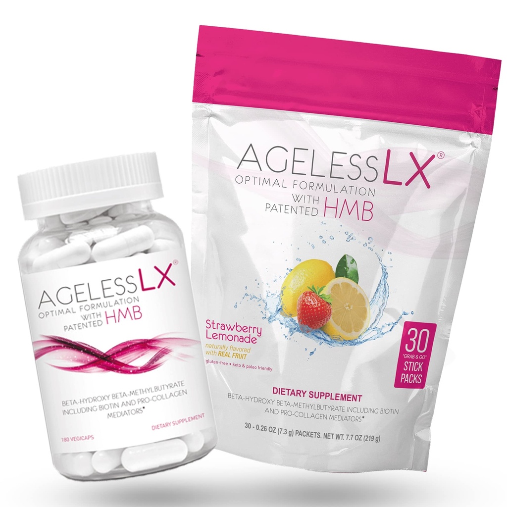 AgelessLX Biotin Supplement Capsules with HMB & Strawberry Lemonade Powder Packet Bundle - Anti Aging Supplement for Women