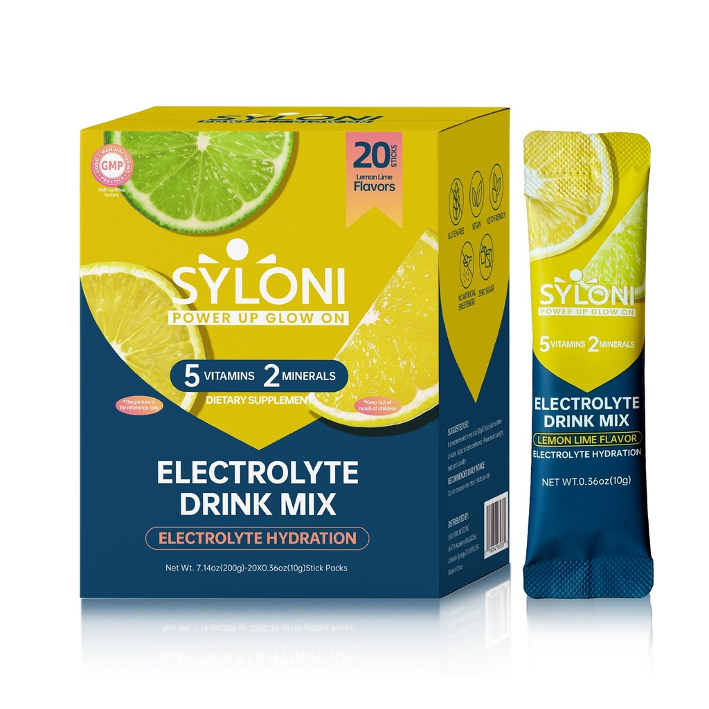 Electrolytes Powder Packets, Lemon Lime 20 Sticks, Sugar Free Hydration Packets Electrolyte Drink Mix with 7 Vitamins and Electrolytes, Keto Friendly, Vegan, Gluten Free