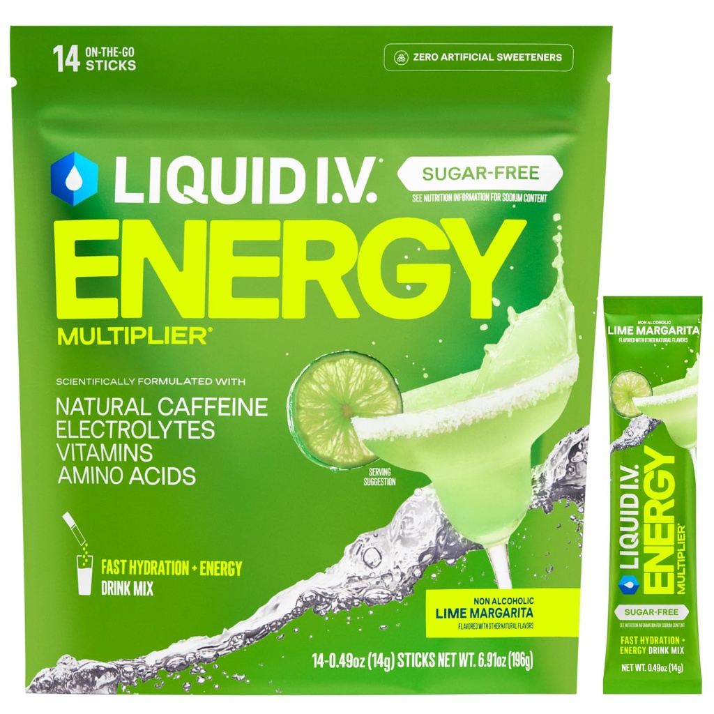 Liquid I.V.® Hydration Multiplier Sugar-Free + Energy - Lime Margarita Mocktail | Electrolyte Powder Drink Mix | 1 Pack (14 Servings)