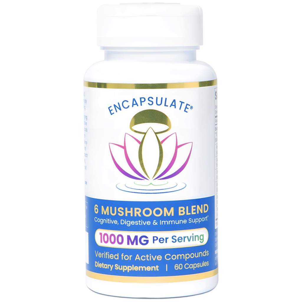 ENCAPSULATE 6 Mushroom Blend – Reishi, Chaga, Turkey Tail, Cordyceps, Lion’s Mane & Shiitake 8:1 Mushroom Extract – Nootropic & Adaptogen Mushroom Supplement for Gut, Brain & Immune Support - 60 Caps