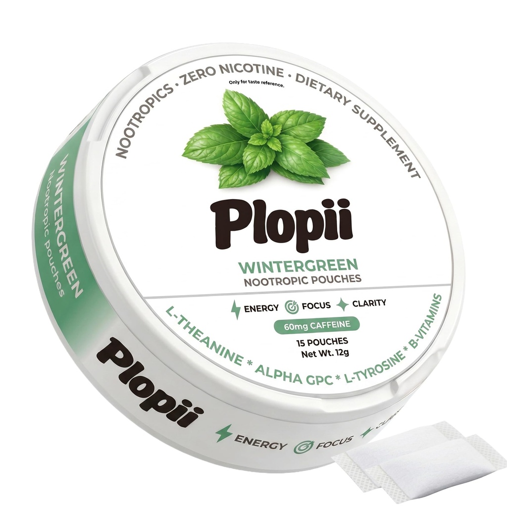 Plopii Caffeine Focus & Energy Nootropic Pouches | Alpha GPC, L-Theanine, L-Tyrosine, Ginseng, Vitamin B6 + B12 | No Jitters, No Crash | Tobacco-Free, Nicotine-Free (Wintergreen)