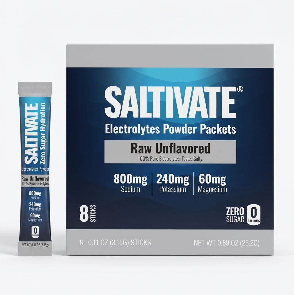 Raw Unflavored Electrolyte Packets | 800mg Sodium | Zero Sugar & Stevia Free Electrolytes Powder | Hydration for Sweat Recovery, Fasting, POTS | Makes 32 Fl Oz (Pack of 8) | Made in USA