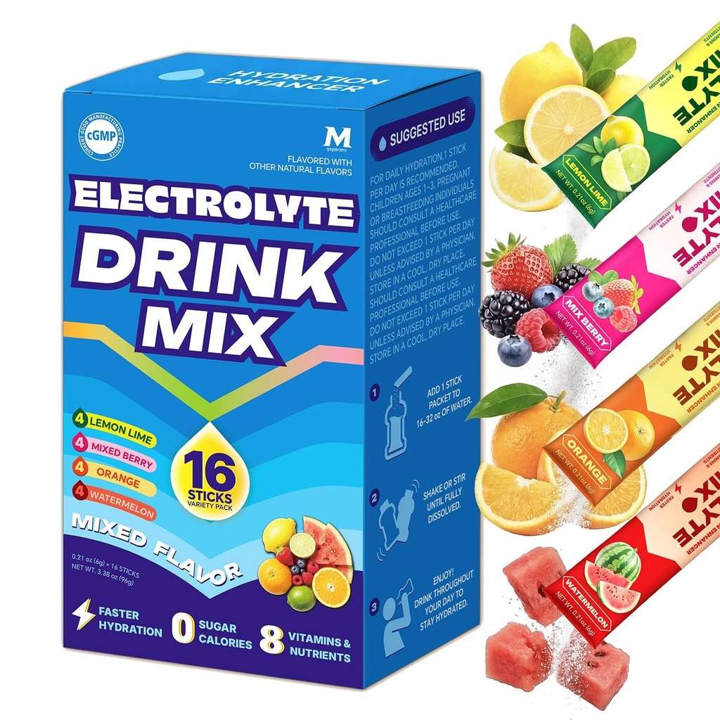 High Sodium Sugar Free Electrolyte Powder Packets, 16 Stick Pack — Hydration Drink Mix with Potassium & Magnesium, Zero Calorie Keto Friendly Hydration Powder, Variety Pack Flavors
