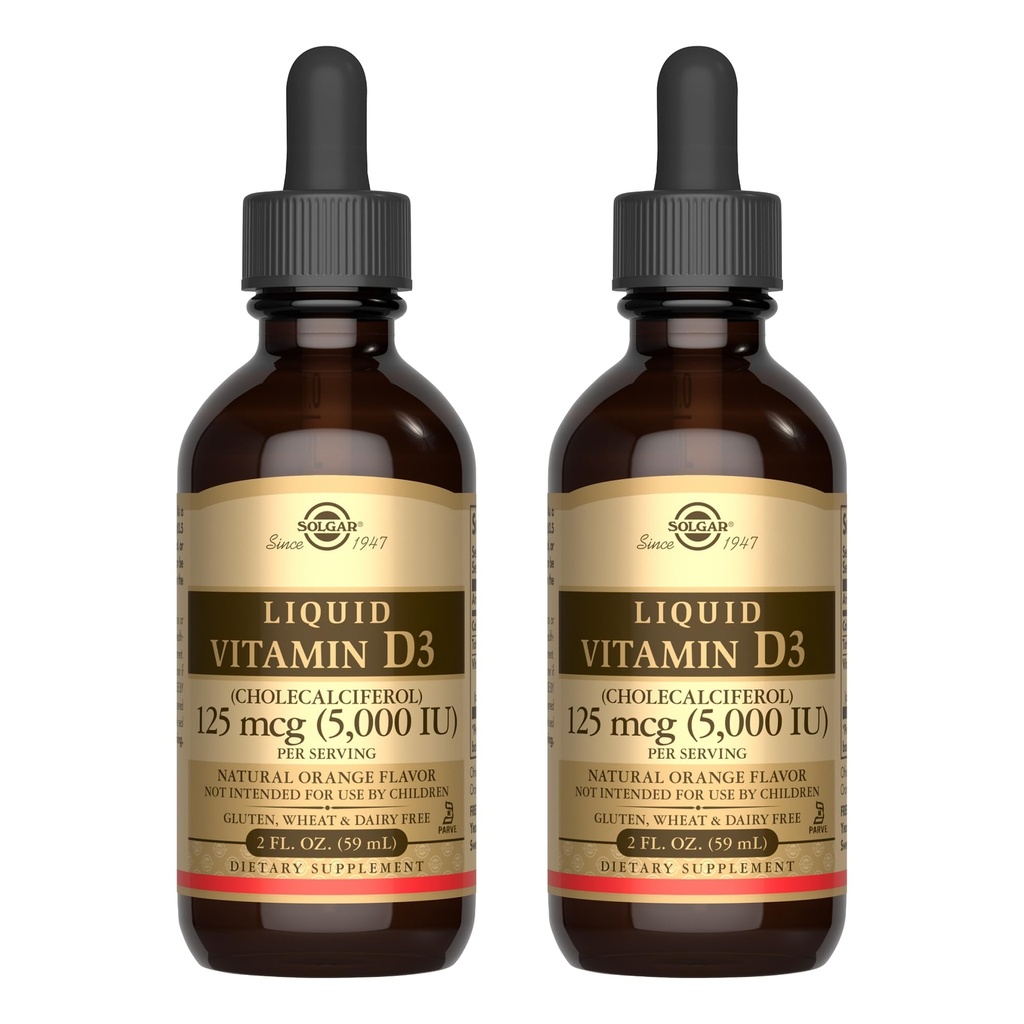 Solgar Liquid Vitamin D3 125 mcg (5,000 IU) - 2 fl oz, Pack of 2 - Natural Orange Flavor - Helps Maintain Healthy Bones & Teeth - Immune System Support - Gluten & Dairy Free - 118 Total Servings