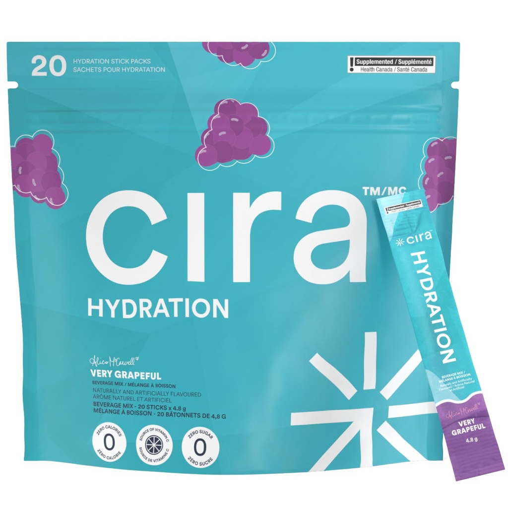 Cira Hydration Electrolytes Packets - Electrolyte Powder Naturally Flavoured & Sweetened w Stevia, On-the-Go Hydration Packets w Himalayan Salt, Magnesium, Potassium - Very Grapeful, 20 Servings