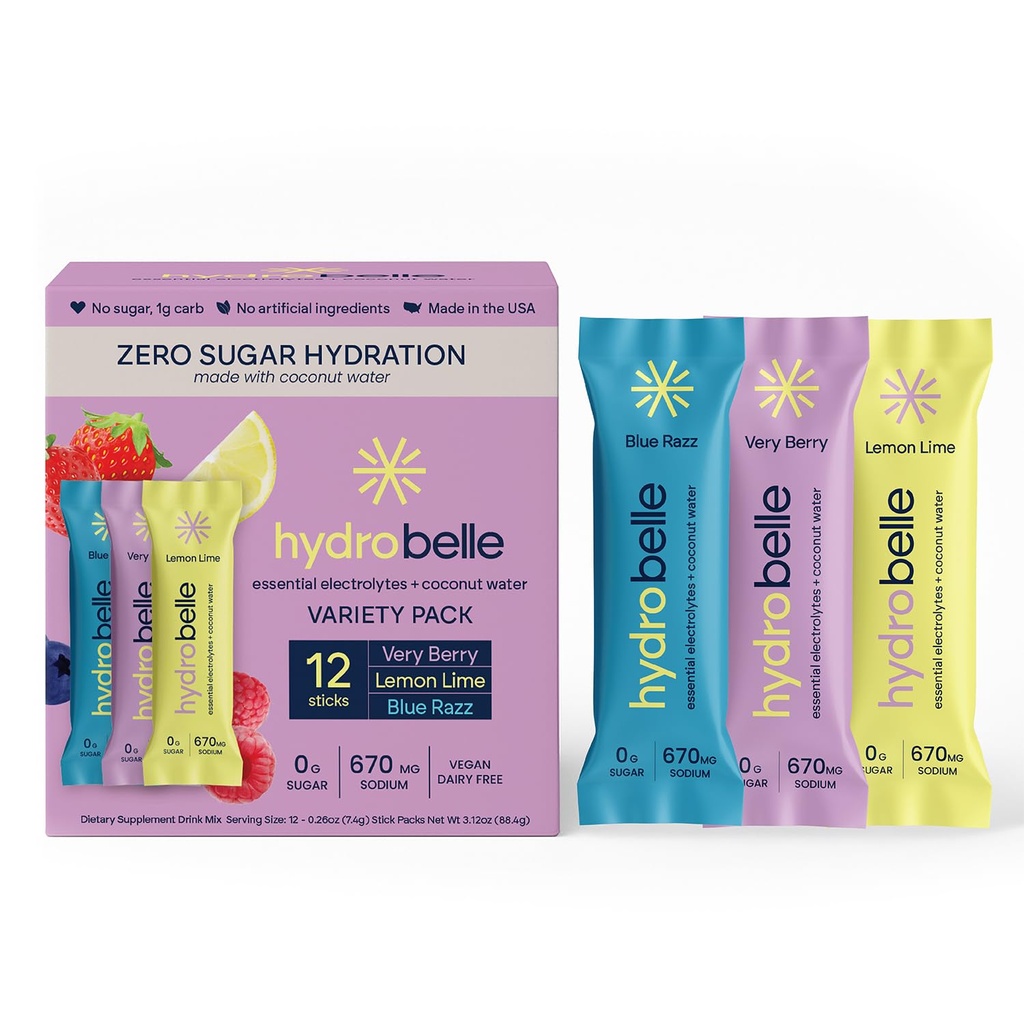 Belle HydroBelle Electrolyte Powder Drink Mix, Variety Pack, Sugar Free Hydration Packets Made with Coconut Water and Electrolytes, Vegan, Keto, and Dairy Free, Travel Friendly, 12 Count