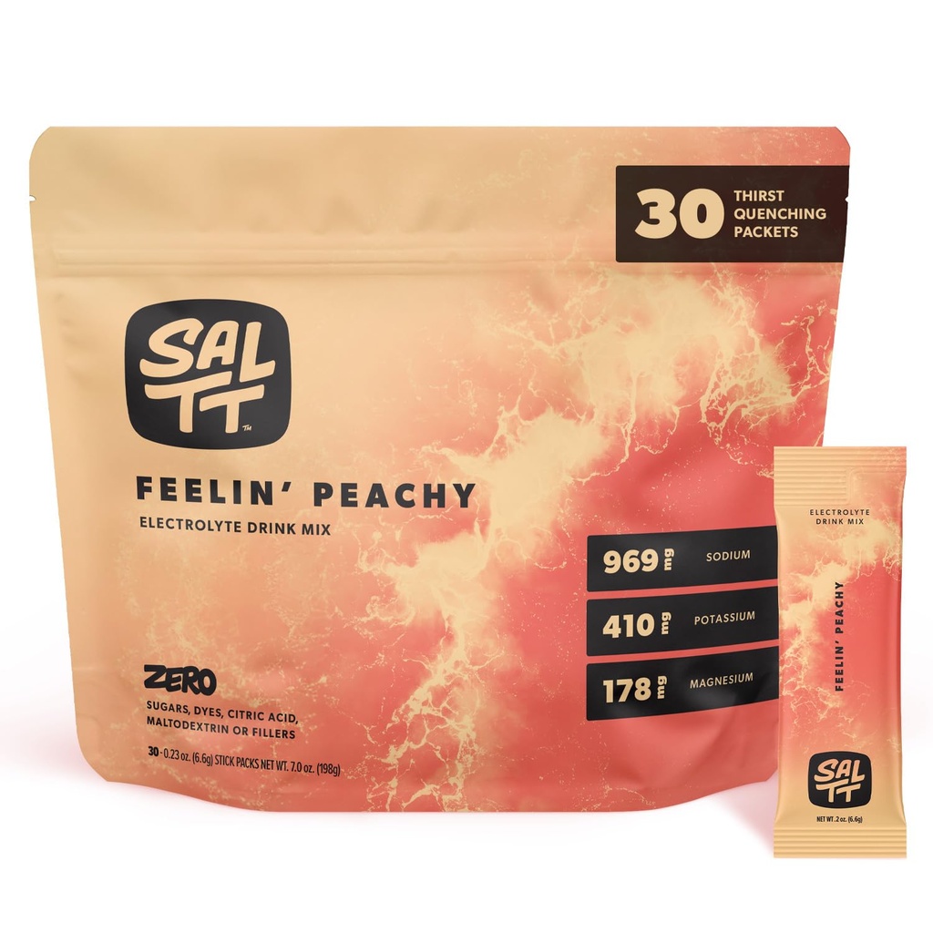 Keto Chow SALTT Electrolyte Powder Drink Mix Packets, Feelin' Peachy, Zero Sugar Hydration Mix, Easy Dissolve Electrolytes with Sodium - Potassium - Magnesium, Gluten Free, Vegan, Kosher, 30 Sticks