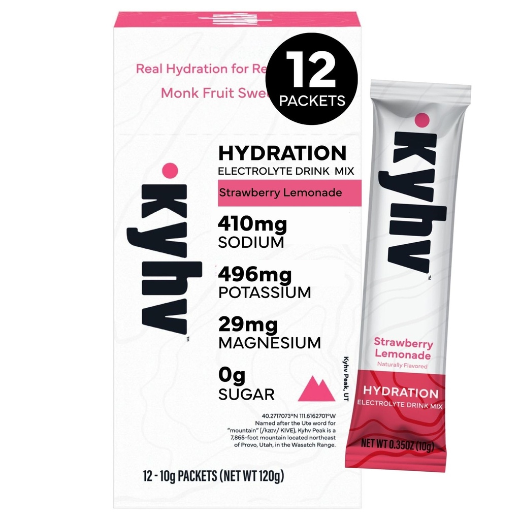 Kyhv Nutrition Hydration Electrolyte Drink Mix Powder Stick Packs, Strawberry Lemonade - Balanced Sodium, Potassium, Magnesium, Vitamin C, Zero Sugar, Monk Fruit Sweetener (12 Packets)