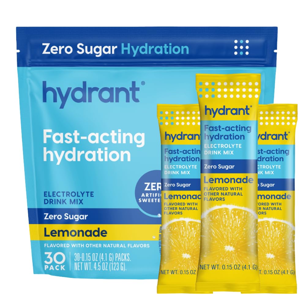 Hydrant Hydrate No Added Sugar, Individual Hydration Electrolyte Powder Stick Packets with Zero Sugar and Electrolytes for Rapid Hydration (Lemonade, 30 Count)