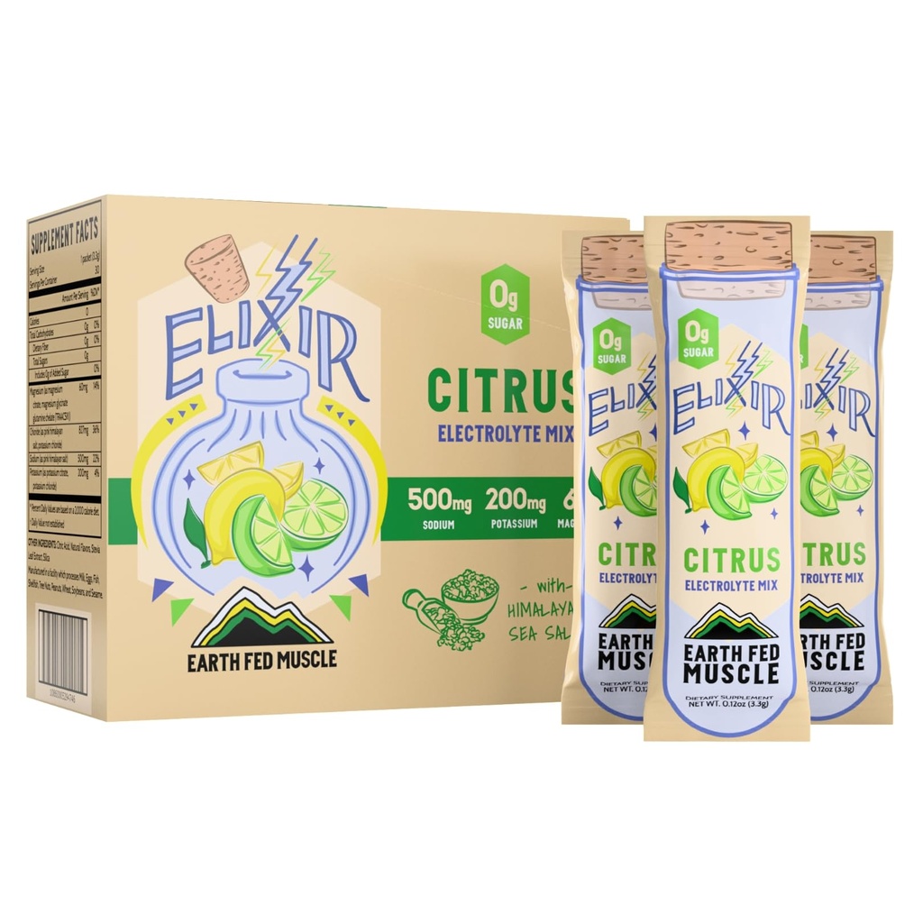 Earth Fed Muscle Elixir Electrolyte Powder Packets - Citrus Flavor with Himalayan Sea Salt - Sugar Free, Stevia Sweetened - 3X Electrolytes - 30 Single Serve Hydration Drink Mix Sticks