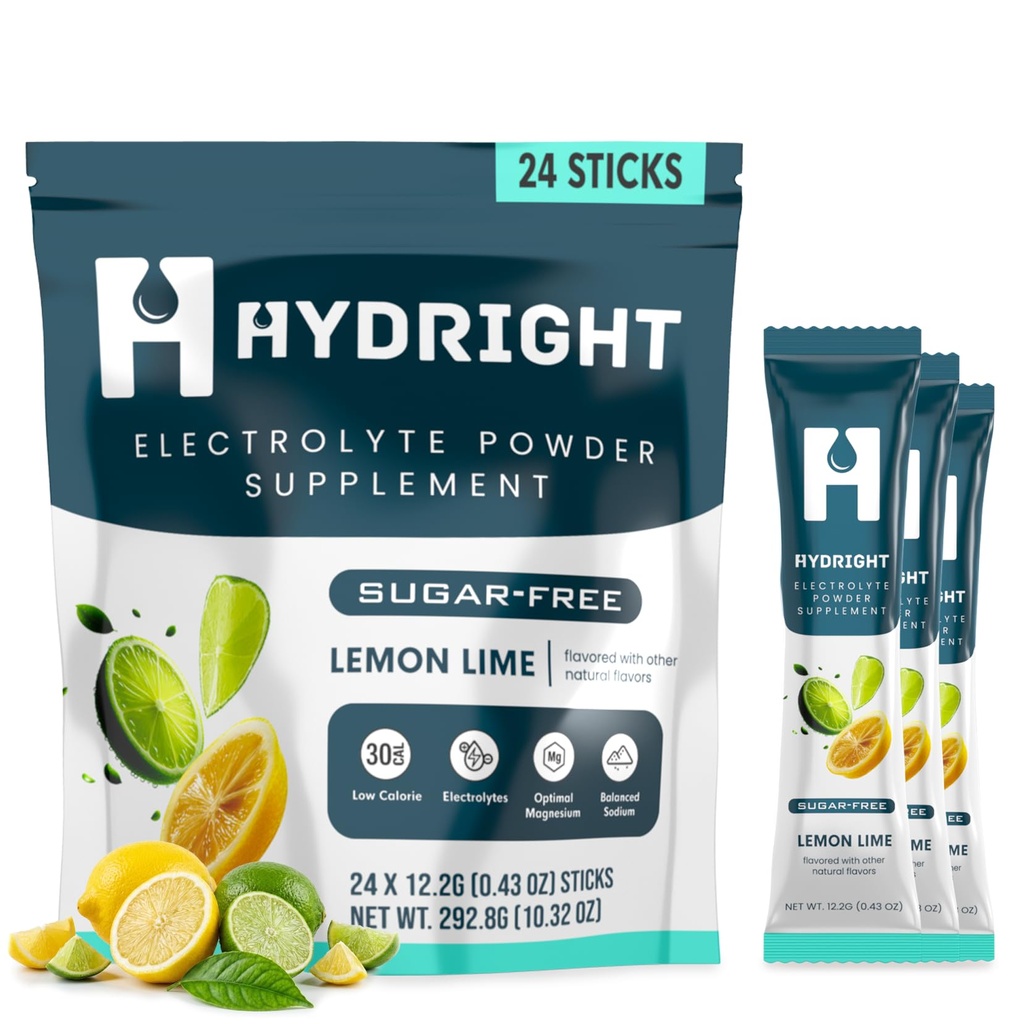 Electrolyte Powder Packets, Lemon Lime Sugar-Free Hydration Drink Mix, Fast Rehydration, Energy & Recovery, Keto Friendly Electrolyte Supplement with Sodium, 24 Sticks