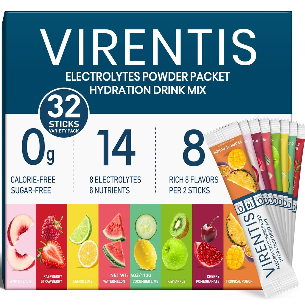 32 Sticks Electrolytes Powder Packets Sugar Free Hydration Packets, 8 Flavors Liquid Daily IV Electrolyte Drink Mix for Rehydration with 8 Electrolytes & 6 Vitamins, 0 Calorie, Low Sodium