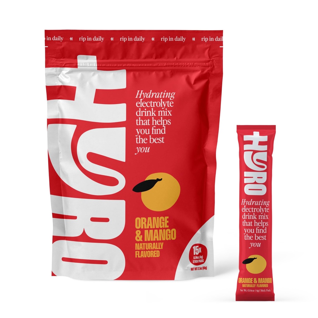 HYRO Electrolyte Powder Drink Mix, Sugar Free Daily Hydration Packets with Magnesium, Potassium & Vitamin C, Hydrating Electrolytes and Minerals, Keto and Vegan, Orange Mango Flavor, 15 Count