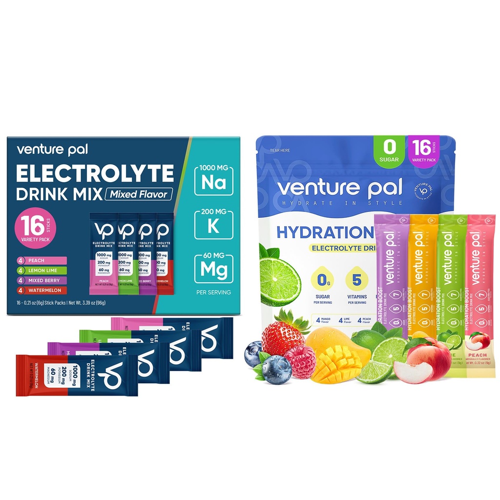 Venture Pal Electrolyte Powder Combo Pack – Sugar-Free Daily Hydration & High Sodium Recovery Drink Mix | 5 Vitamins, 7 Electrolytes, Potassium, Magnesium | Keto, Vegan, Non-GMO | 32 Sticks Total