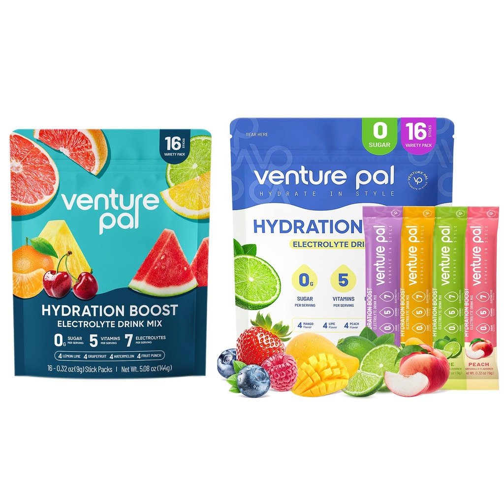 Venture Pal Electrolyte Powder Bundle – Sugar Free Daily Hydration & Advanced Recovery Drink Mix with 5 Vitamins & 7 Electrolytes | Keto, Vegan, Non-GMO | 2 Pack (16 Sticks Each)