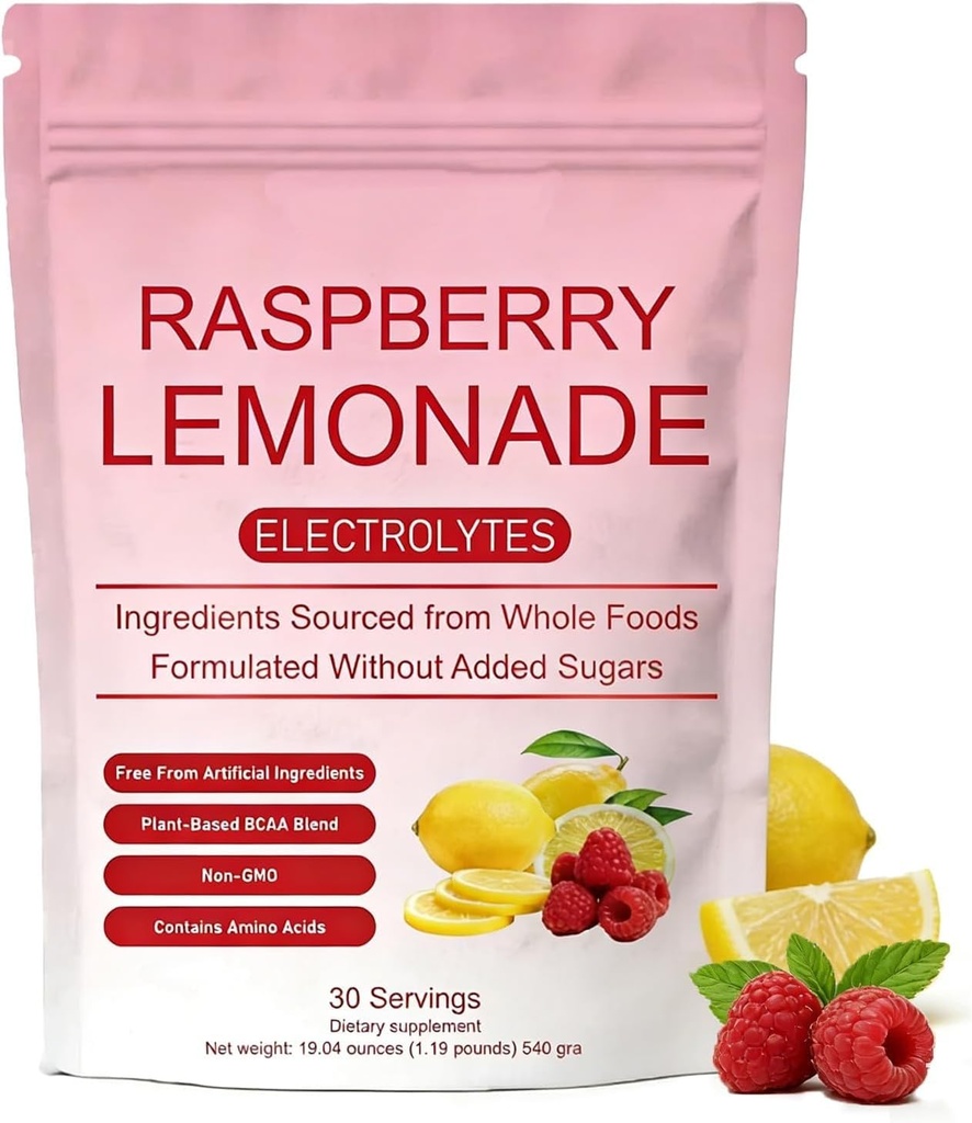 Raspberry Lemonade Electrolyte Drink Mix Powder with Coconut Water & Essential Minerals, Monk Fruit & Stevia Sweetened, No Artificial Flavors or Sweeteners,30 Servings