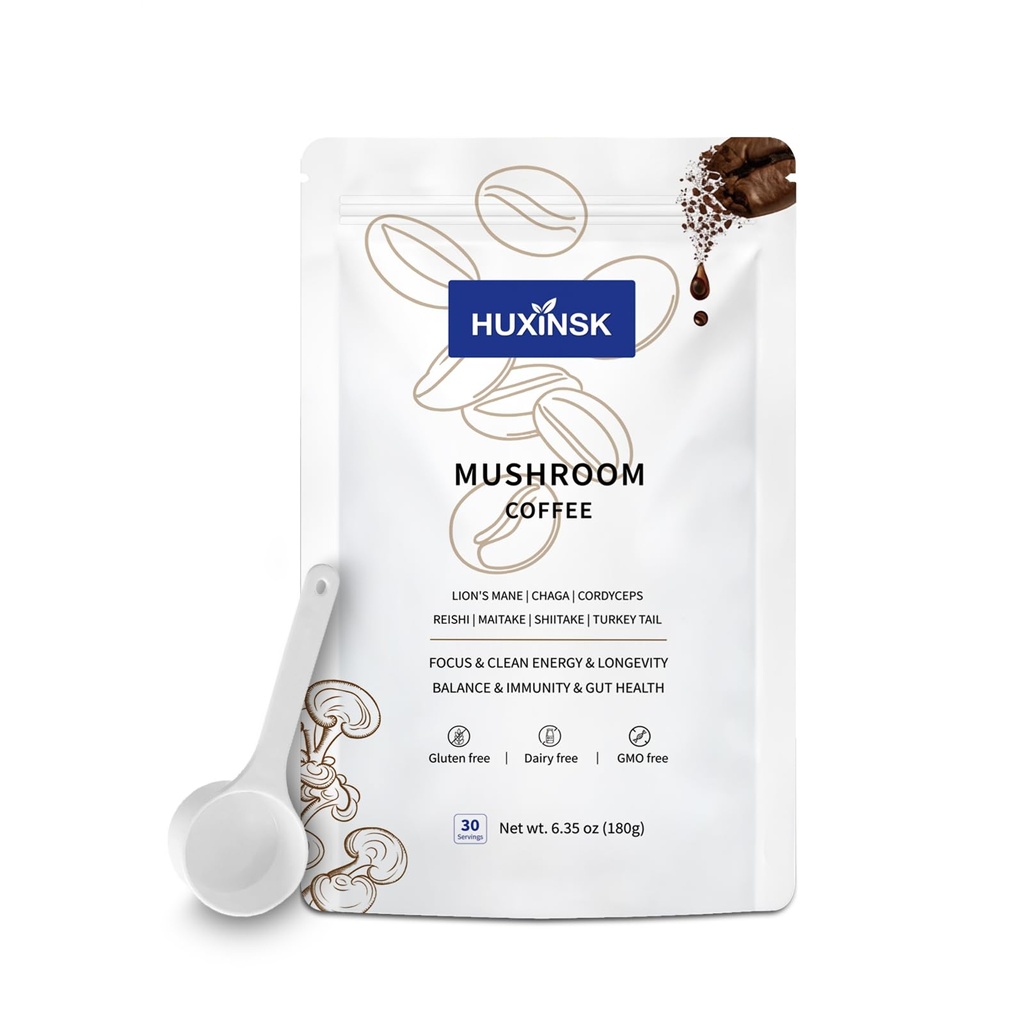 Mushroom Coffee, Organic Instant Coffee with Lion’s Mane, Reishi, Cordyceps, Collagen, β-Glucan (Prebiotic) for Focus, Energy, Immune and Gut Health Support, 30 Servings