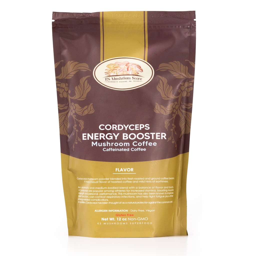 KS Mushroom Store Energy Booster Coffee + Cordyceps Mushrooms: 12oz. of Ground Caffeinated Coffee for increased stamina and muscle strength.