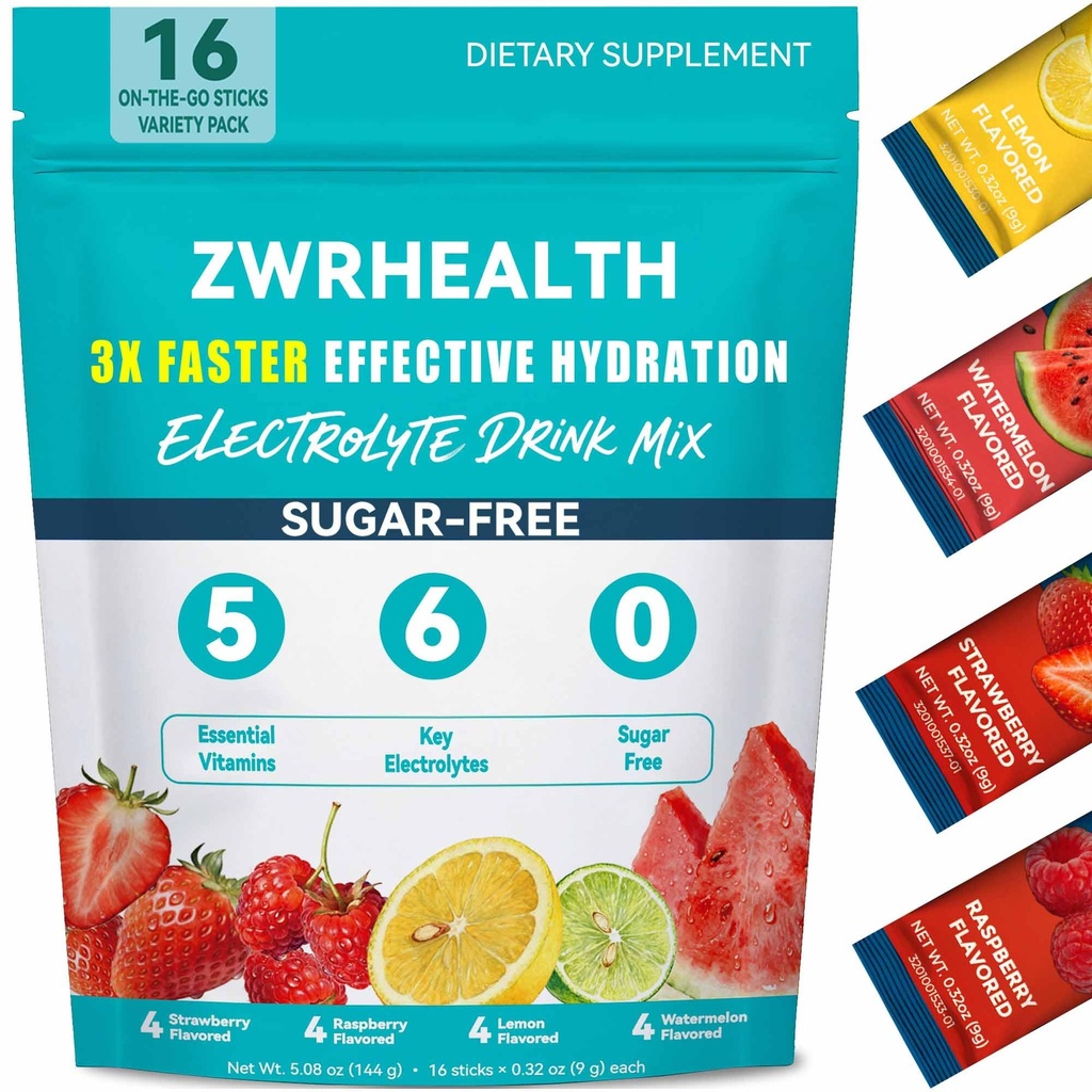 16 Sticks Electrolytes Powder Packets Sugar Free Hydration Packets, 4 Flavors Liquid Daily IV Electrolyte Drink Mix, Instantly Hydrating & Party Recovery with 6 Electrolytes & 5 Vitamins