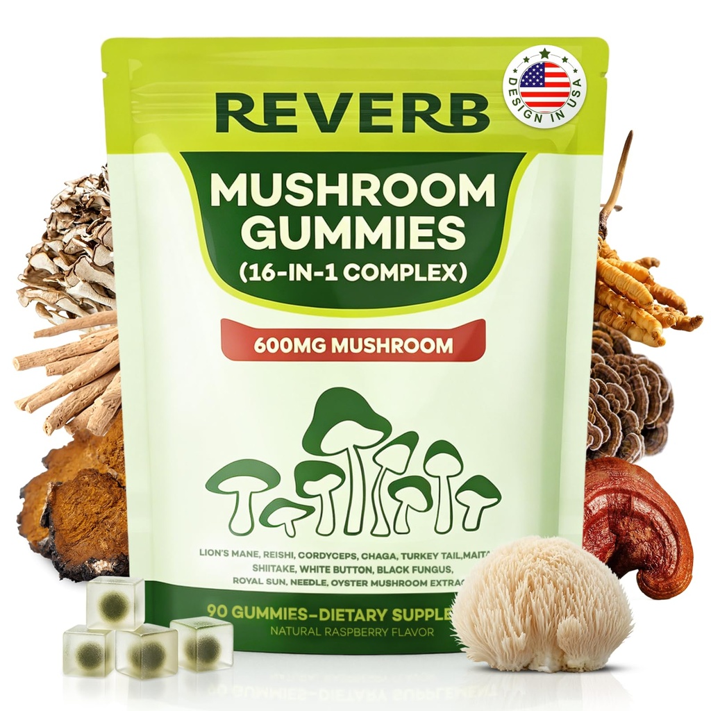 Mushroom Gummies 16 in 1 Mushroom Supplement with Lion's Mane, Reishi, Turkey Tail, Cordycep, Shiitake, Chaga, Maitake Mushroom & Ashwagandha, Vitamin, Support Focus, Energy, Immunity & Sleep (60)