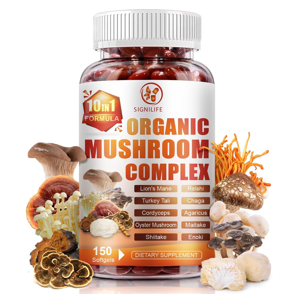10 in 1 Lions Mane Mushroom Supplement with Turkey Tail, Reishi,Cordyceps, Chaga & More - Brain Supplements for Memory and Focus-150 Softgels