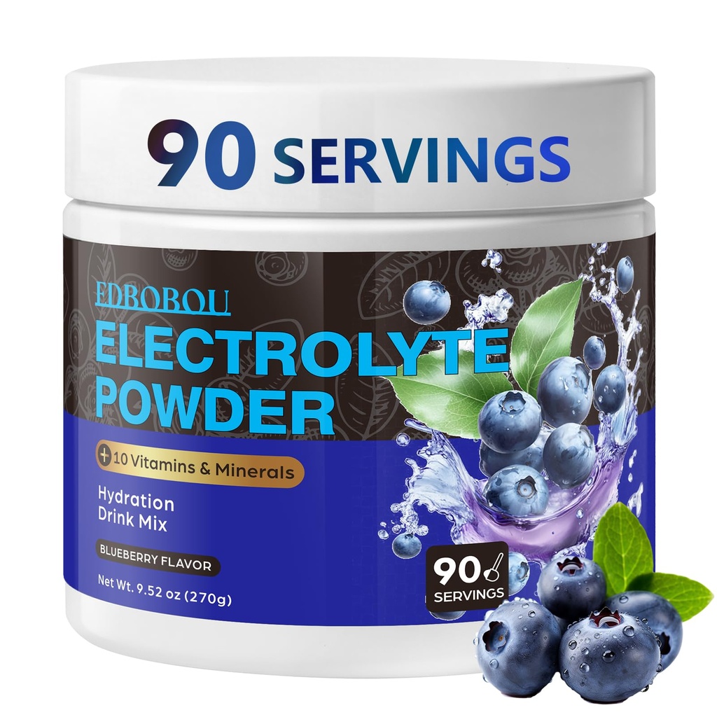 Sugar Free Blueberry Electrolyte Powder Hydration Drink Mix Keto Friendly, Vegan, Non-GMO Fast Hydration with Potassium, Magnesium, Sodium Gluten Free, No Artificial Additives, 90 Servings