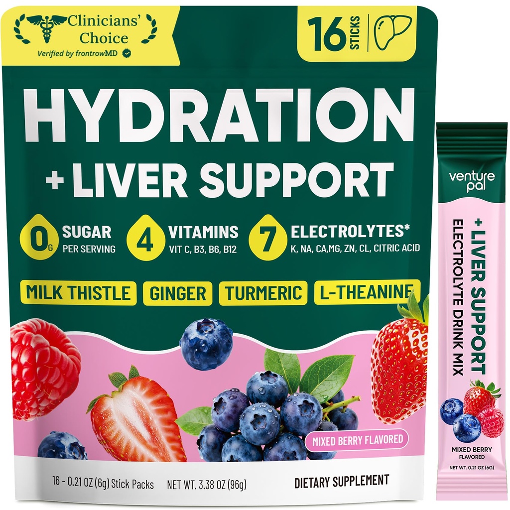 Venture Pal Hydration Packets + Liver Support- Liquid Daily IV Electrolyte Powder Packets with 7 Electrolytes & 5 Vitamins, Milk Thistle + L-Theanine | Sugar-Free | Keto Friendly | Vegan, 16 Sticks