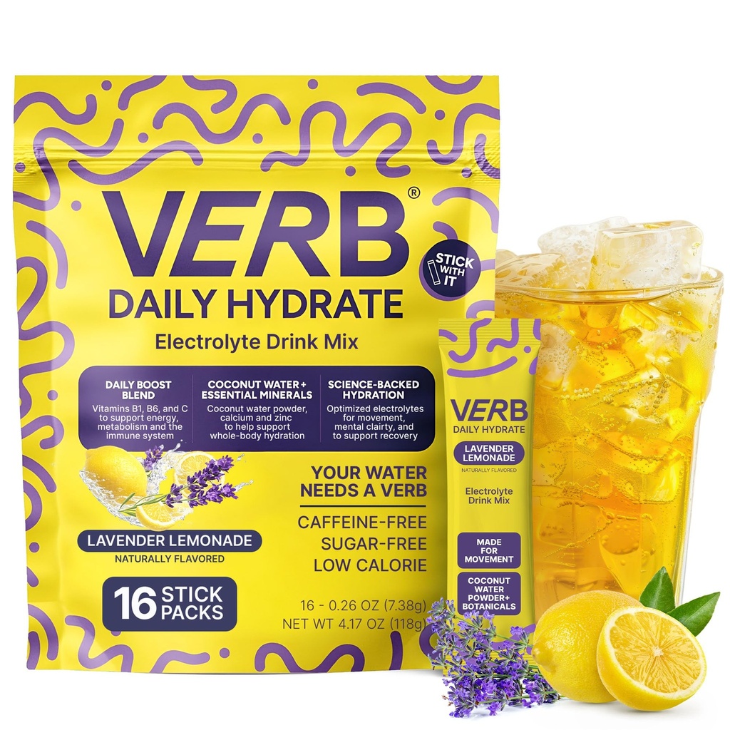 Verb Daily Hydrate Sugar Free Electrolyte Drink Mix - Lavender Lemonade, Zero Sugar Instant Hydration Packets for Daily Use, Essential Electrolytes Powder for Rehydration, Dehydration Relief, 16 Pack