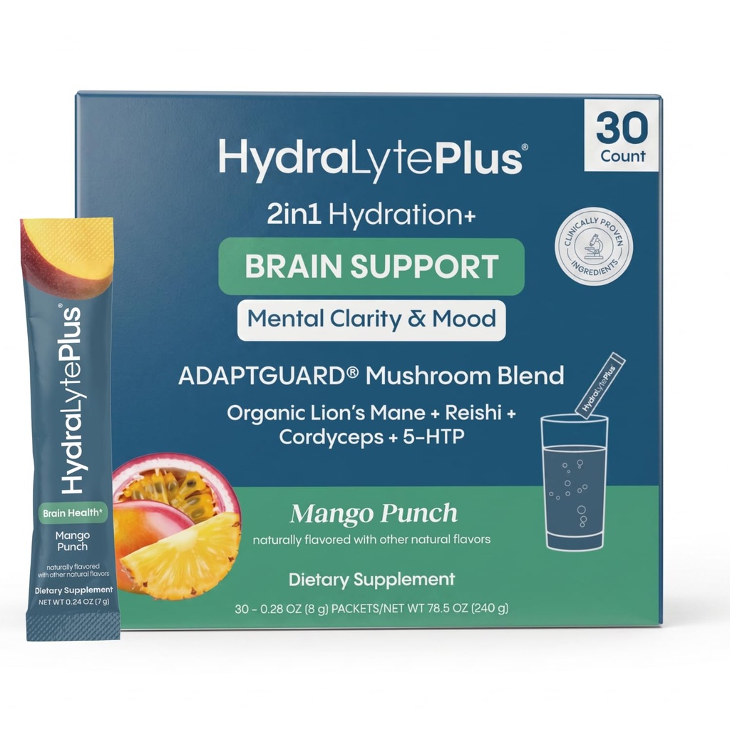 Hydralyte Brain Support - Memory & Focus | Electrolytes + Organic Lions Mane, Reishi, Cordyceps & 5-HTP | Adaptogen Drink Mix with Mushroom Powder | Support Focus and Mood (30 Pack, Mango Punch)