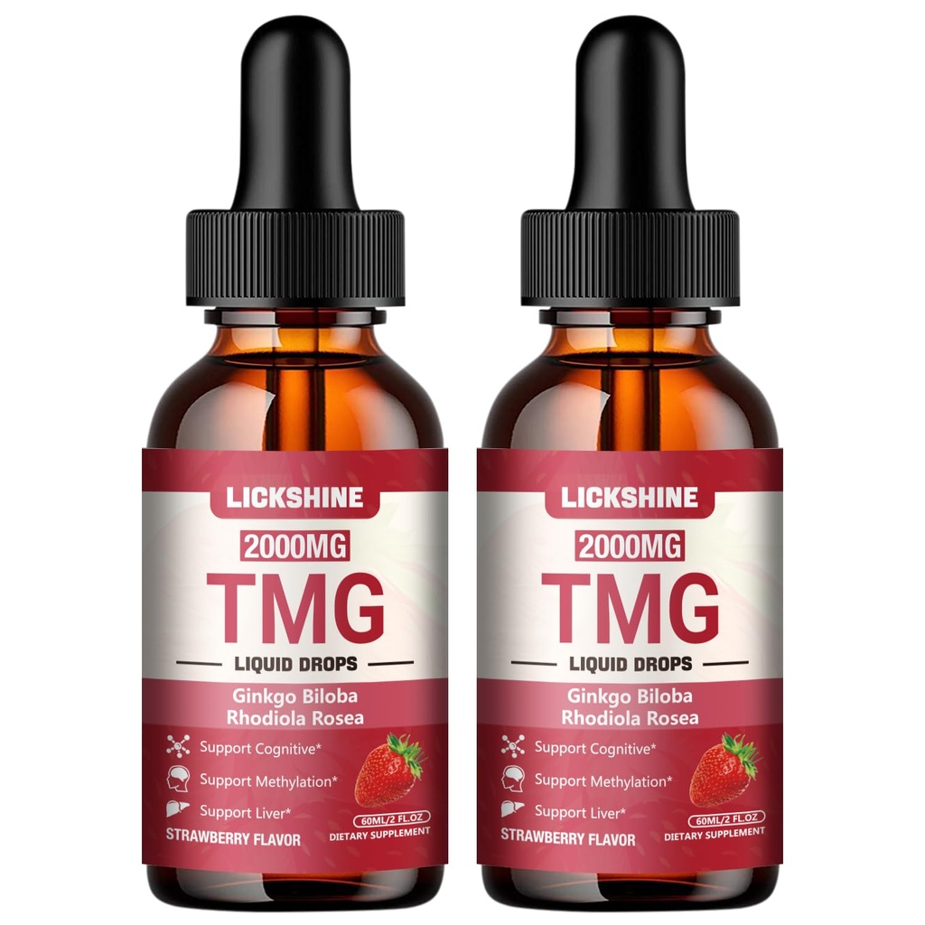 lickshine 2 Packs 2000MG TMG Suupplements Liquid Drops - Trimethylglycine, Ginkgo Biloba, Rhodiola Rosea & Vitamins B, High Absorption, Brain Function - Strawberry Flavor 4 Fl.Oz