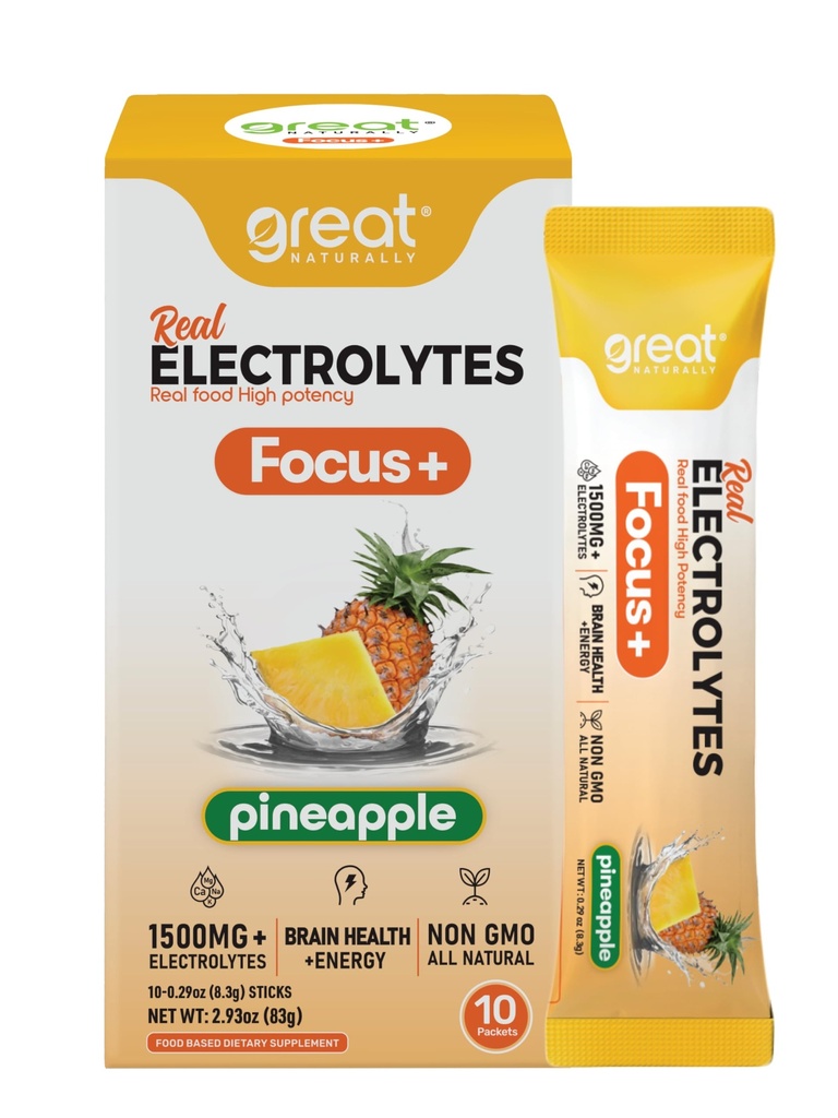 Focus+ Nootropic Electrolyte: Hydration & Brain Support for Cognitive Enhancement, Memory, Concentration - Citicoline, Organic Caffeine, Methyl B12 - USA Made (10 Packets) (10 Packets, Pineapple)