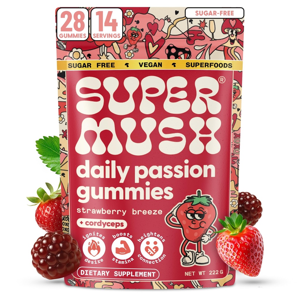 SuperMush Daily Passion Horny Goat Weed Gummies for Men & Women - Intimacy Gummies with Cordyceps, Reishi & Maca Root - Ignite Feel-Good Vibes & Lasting Energy Supplement, Made in the USA (28 Count)