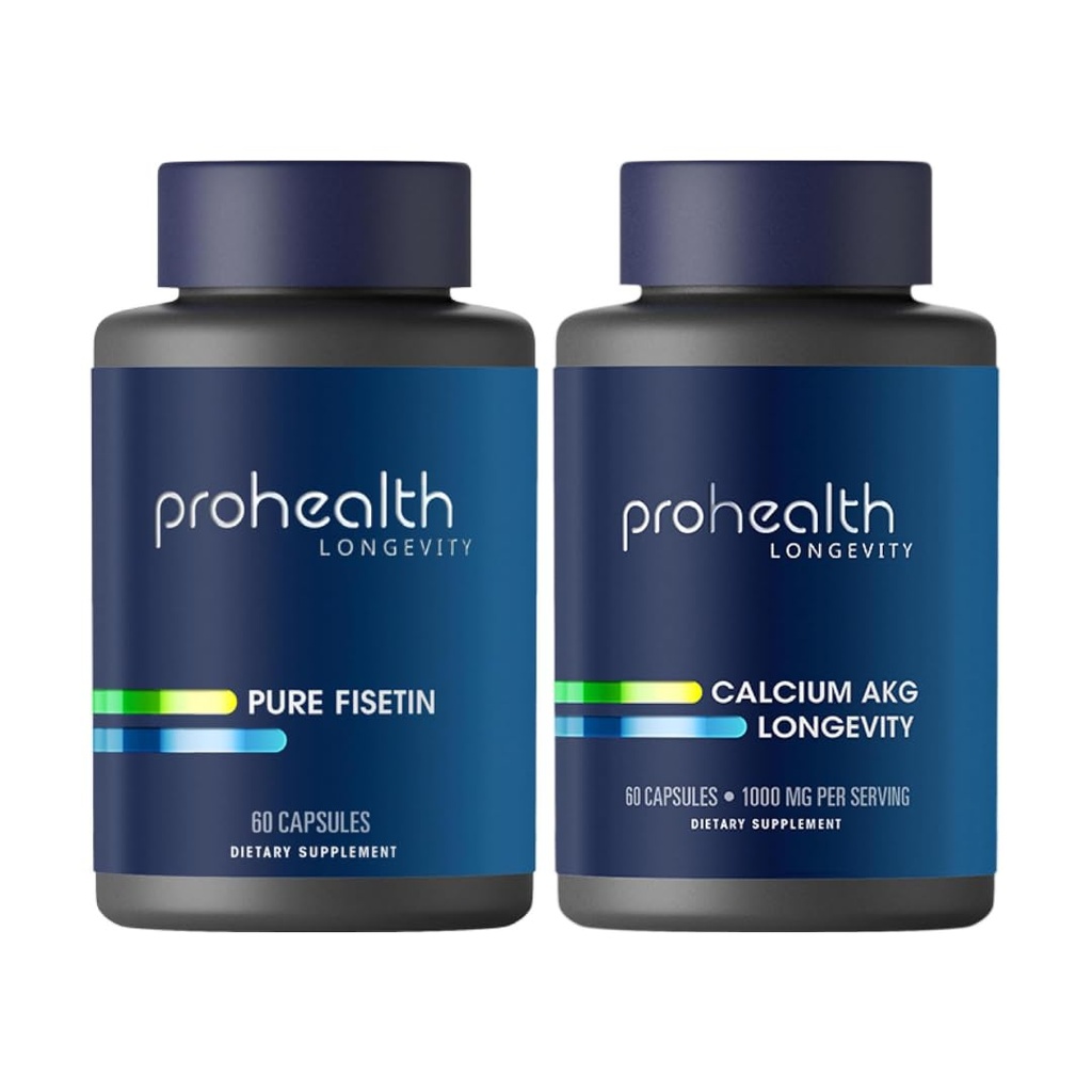 ProHealth Pure Fisetin 250mg Ca AKG Supplement Bundle | Healthy Aging, Cellular Support, Brain Health & Metabolic Function | Ultra Pure, 3rd Party Tested, GMP USA Made