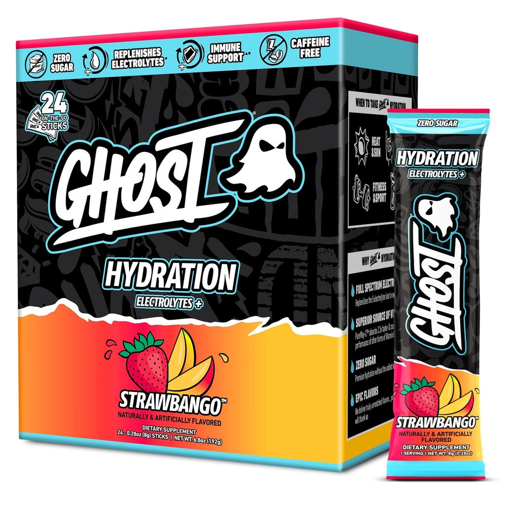 GHOST Hydration Sticks, Electrolyte Powder Packets, Strawbango - 24 Sugar Free Instant Electrolyte Drink Mix - Caffeine-Free Daily Hydration & Immune Support with Clean Formula