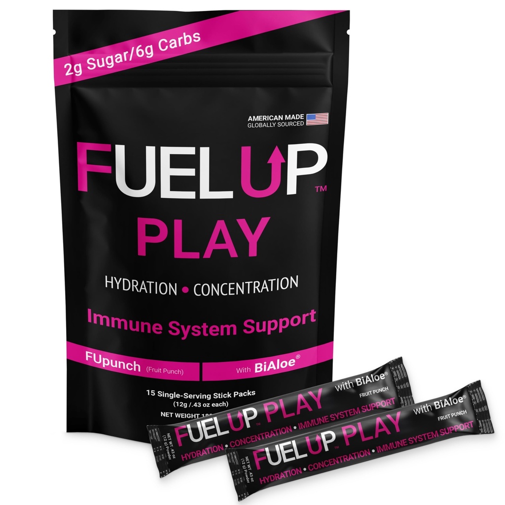 Fuel Up Play Electrolyte Powder with BiAloe® | Hydration + Focus Formula | Sugar Free | 15 Single-Serve Stick Packs | Fruit Punch
