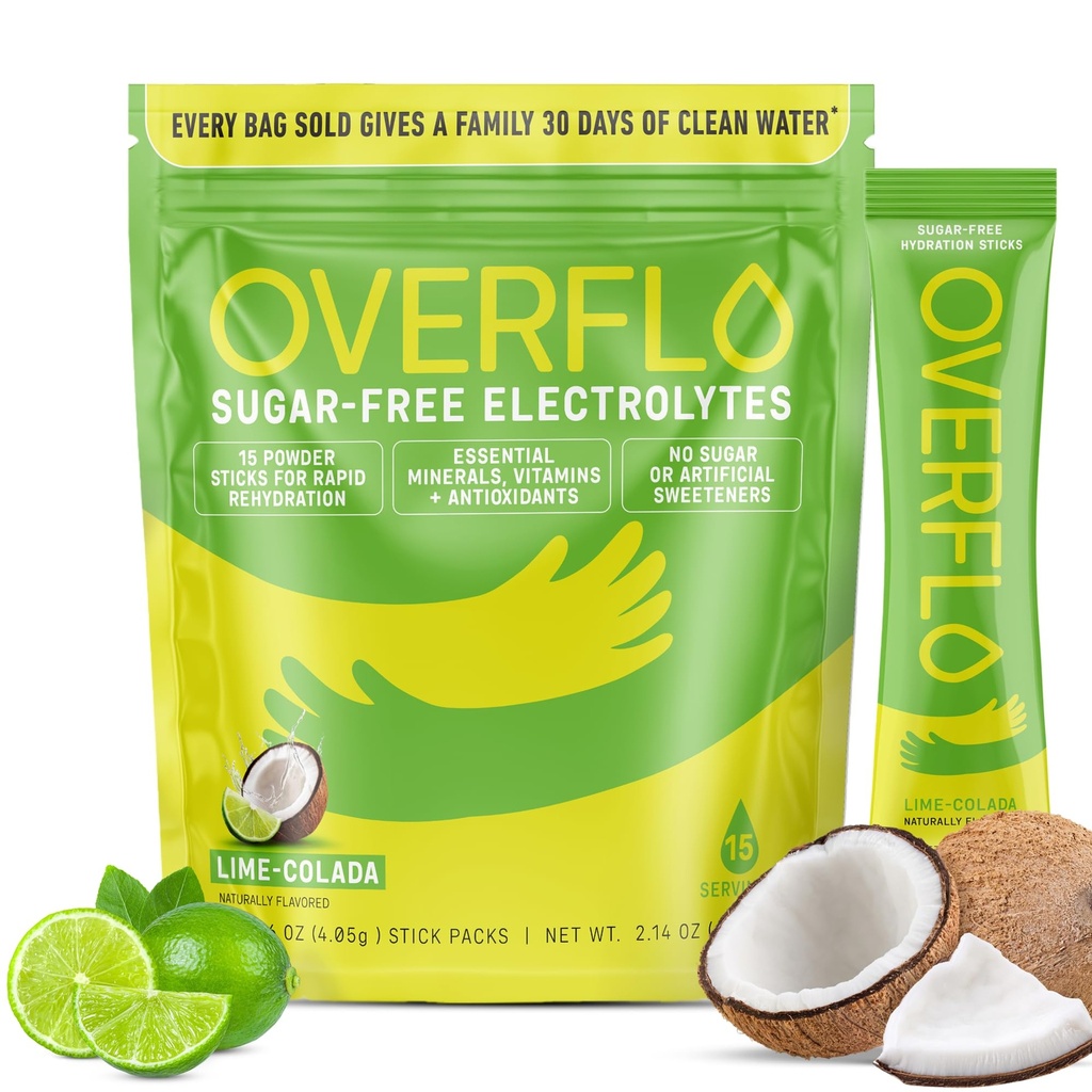 Overflo Electrolyte Powder Packets – Sugar Free Hydration Mix with Coconut Water, Magnesium & Potassium – Instant Clean Electrolytes for Recovery – Overflow with Wellness – Lime Colada, 15 Packets
