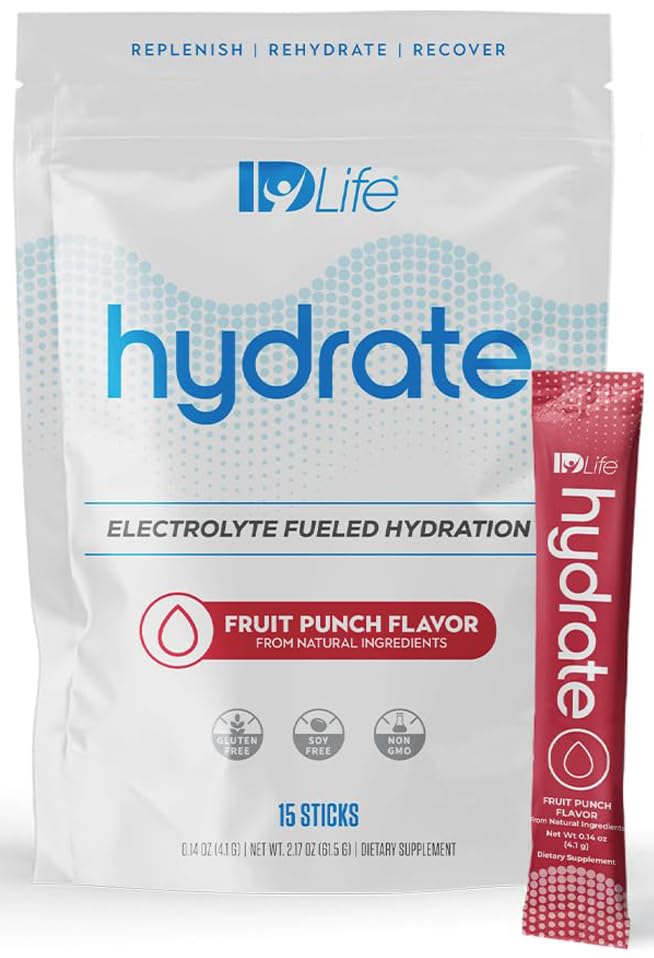 IDLife Fruit Punch Hydrate Drink Powder - Instant Electrolyte Fueled Hydration with Vitamins, MCTs & Minerals for Vital Nutrients - 15 Sticks per Bag