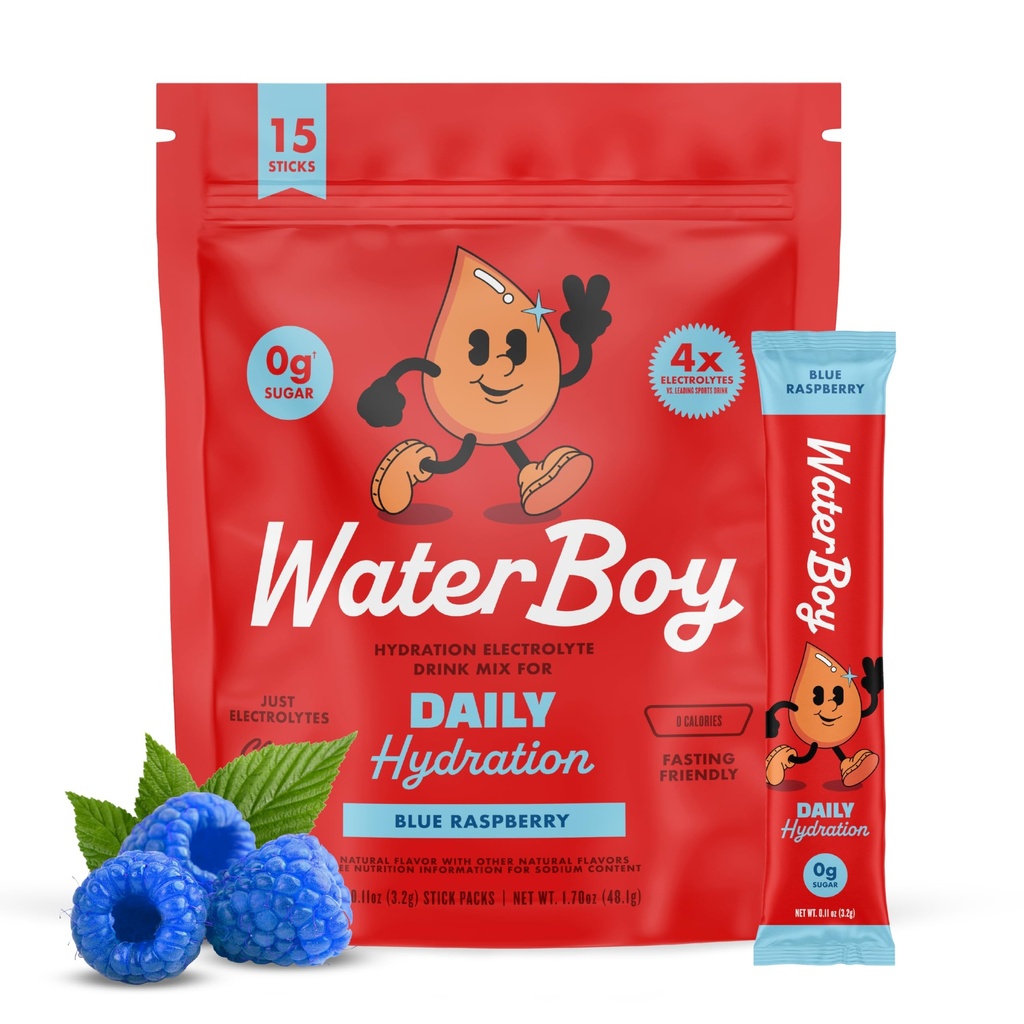 Waterboy Daily Hydration | 1,570mg Electrolyte Powder Packets | No Sugar, All Natural, Gluten Free, Zero Calories | 15 Drink Stick Mixes (Blue Raspberry)