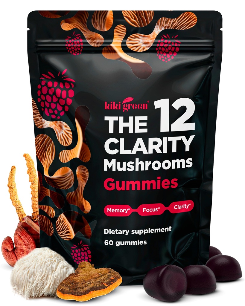 KIKI Green 12 Mushroom Supplement Gummies - Lion's Mane, Cordyceps, Chaga, Reishi, Turkey Tail & 7 More for Memory, Focus, Immunity - 60 Mushroom Gummies for Adults with Raspberry Flavor 10:1 Extract
