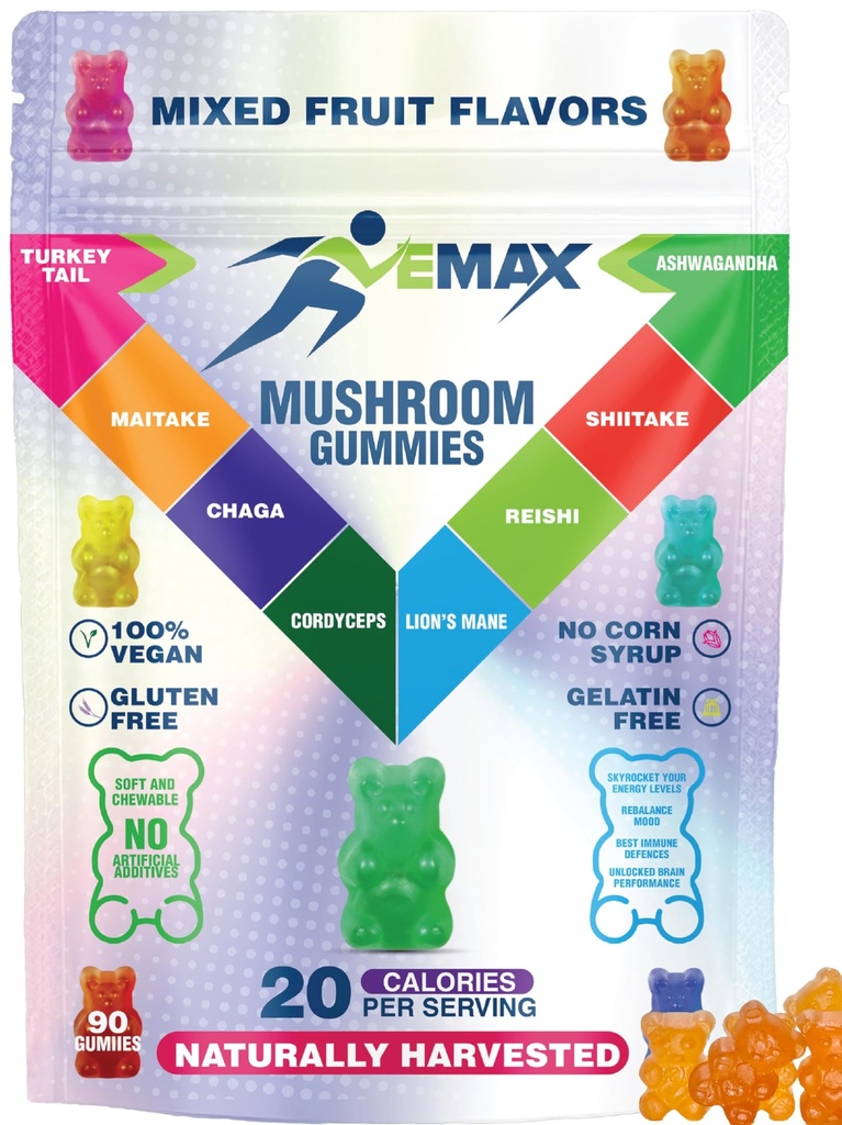 Ashwagandha and Lions Mane Mushroom Gummies for Adults - Organic - Reishi, Maitake, Chaga, Cordyceps, Shiitake, Turkey Tail - Immune Support, Memory, Focus and Energy -Vegan Mushroom Supplement Gummy