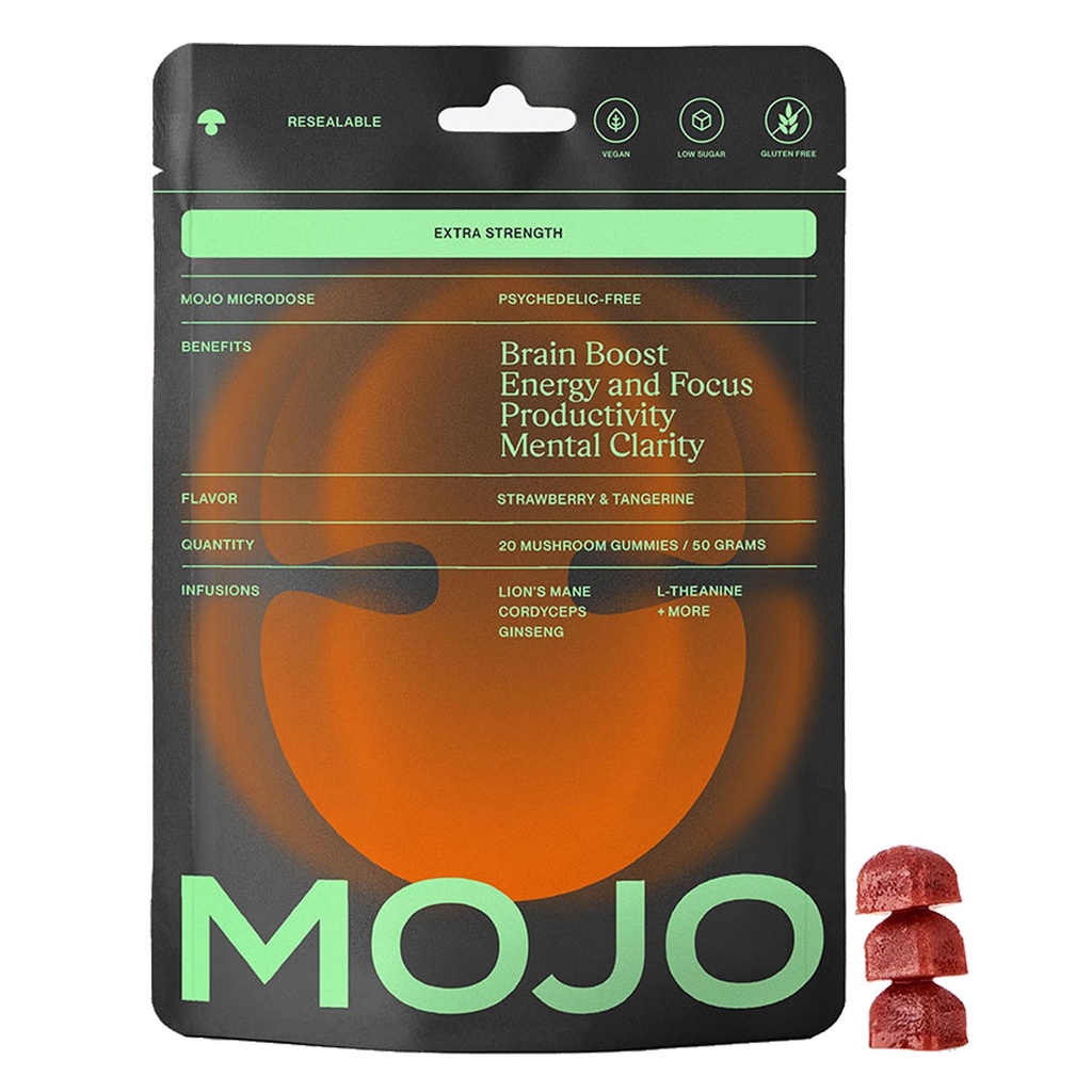 Mojo Focus Gummies Extra Strength with Lion’s Mane, Panax Ginseng, Ginger Root, Cordyceps, SAM-e, and Nootropics, Energy and Focus Supplement, Vegan, Strawberry Tangerine (1 Pack)