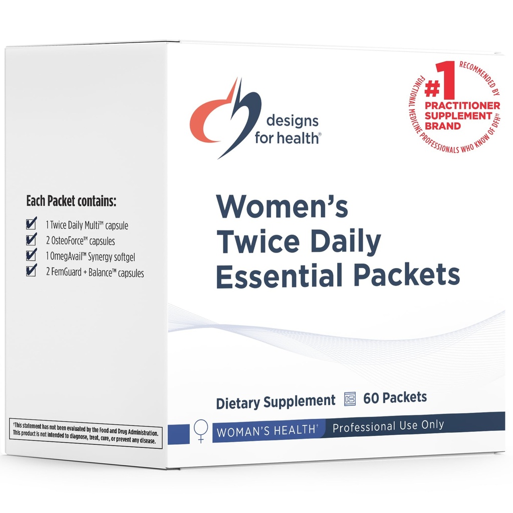 Designs for Health Women's Twice Daily Essential Packets - Vitamin Packs with Iron-Free Multivitamin, OsteoForce Bone Support, OmegAvail Fish Oil + FemGuard+Balance - Female Health (60 Packets)