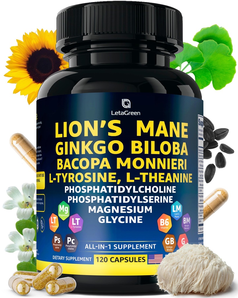 Organic Lions Mane Supplement Capsules - 120 Real Mushrooms Lion's Mane Capsules with Ginkgo Biloba Herb, Bacopa Monnieri, L Theanine, L Tyrosine - Mushroom Complex for Daily Wellness