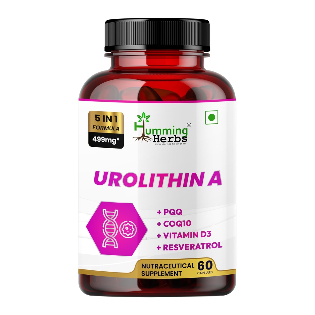Humming Herbs Urolithin A Supplement 250mg – 5-in-1 Formula with CoQ10 100mg, PQQ 9mg, Resveratrol 140mg & Vitamin D3 | Supports Cellular Energy, Muscle Function & Healthy Aging | 60 Capsules