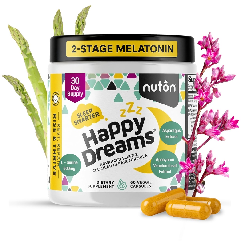 Nuton Happy Dreams Natural Sleep Aid Supplement & Cellular Vitality - Melatonin Sleep Aid for Adults, Time Release Formula with ETAS Asparagus, L-Serine and Venetron Extract, 60 Veggie Capsules