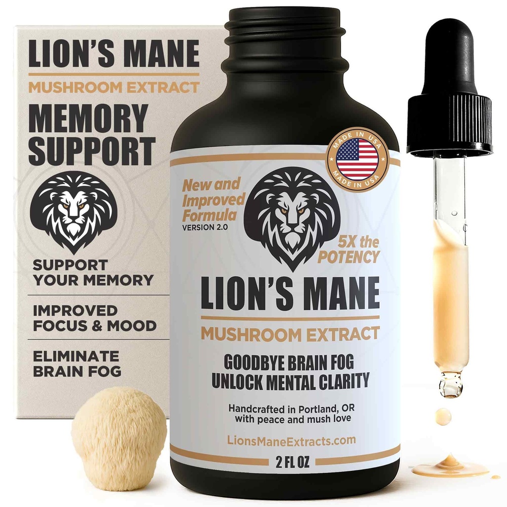 Lion's Mane Extract Mushroom Tincture - Focus, Memory & Clarity Support - 2 oz, Lion’s Mane Supplement Liquid Extract | Dual-Extracted from USA-Grown Fruiting Bodies, Mushroom Drops Nootropic
