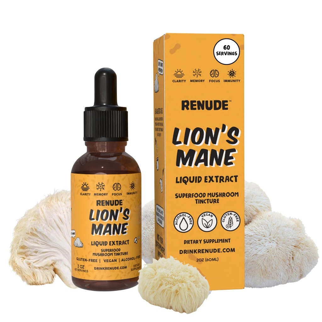 Renude Lion's Mane Liquid Extract - Mushroom Tincture, Lions Mane Drops, Supplement for Brain & Immune Support, Promotes Focus & Memory, Superfood Elixir for Men & Women, Alcohol Free, Vegan - 2 oz