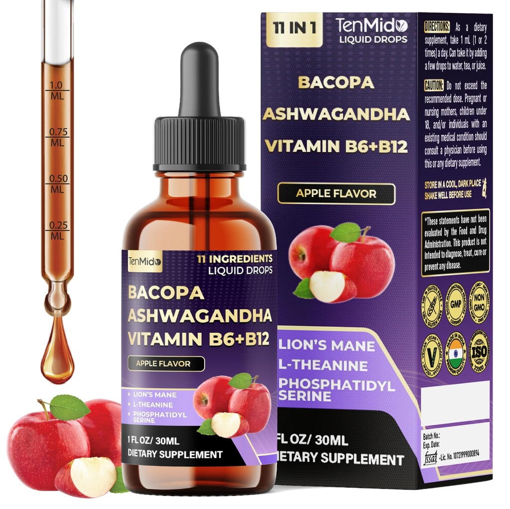 11-in-1 Bacopa Extract Liquid Drops with Ashwagandha, Lion's Mane Mushroom, Phosphatidylserine, L-Theanine, Ginkgo Biloba, Holy Basil, Turmeric, and Rhodiola Rosea - 30ml 1 Fl Oz
