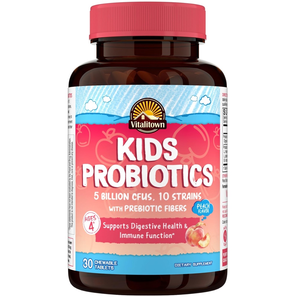 Vitalitown Kids Probiotics with Prebiotics, Ages 4+, Daily Gut, Digestive & Immune Health Support Supplement, 5 Billion CFUs, 10 Diverse Strains, Peach Flavor, 30 Chewable Tablets